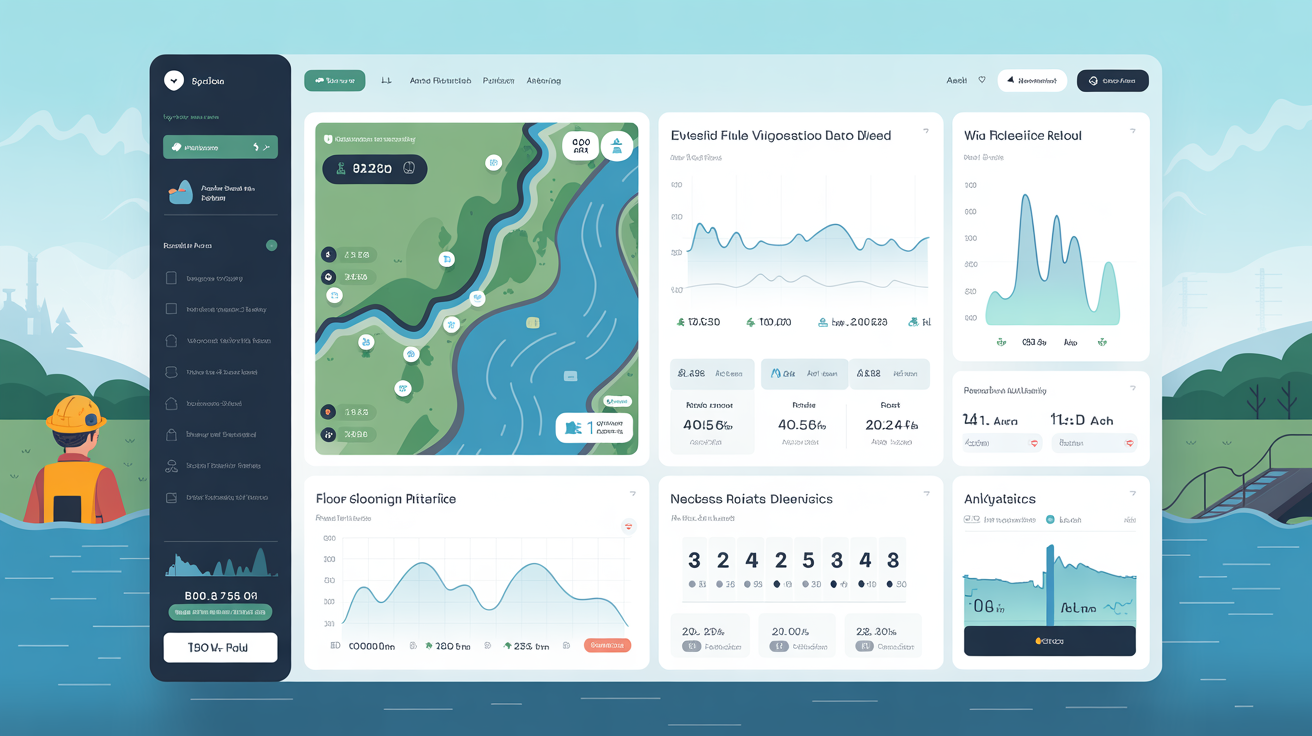 Aithera Labs flood monitoring dashboard interface with real-time maps, analytics, and alert system