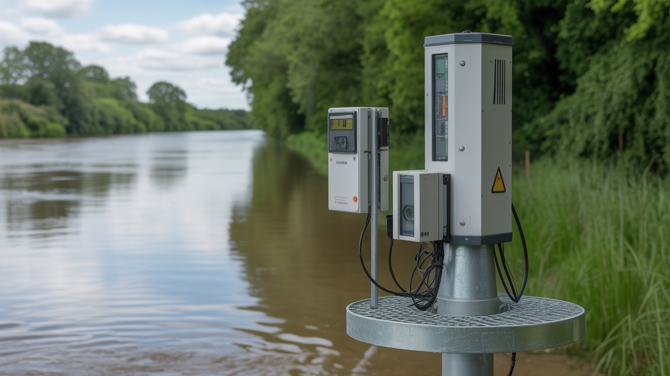 Modern flood monitoring station with sensors and equipment along UK river - Aithera Labs data collection
